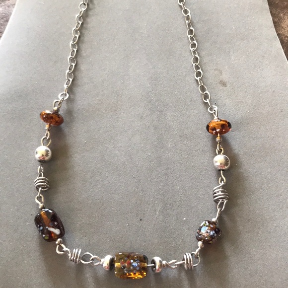 Jewelry - Glass works necklace 17” silver and brown tones